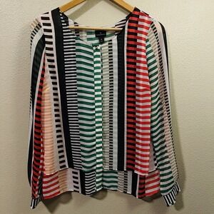 Worthington Long Sleeve Blouse Semi- Sheer Multi Color Geometric Artsy Boho Sz M